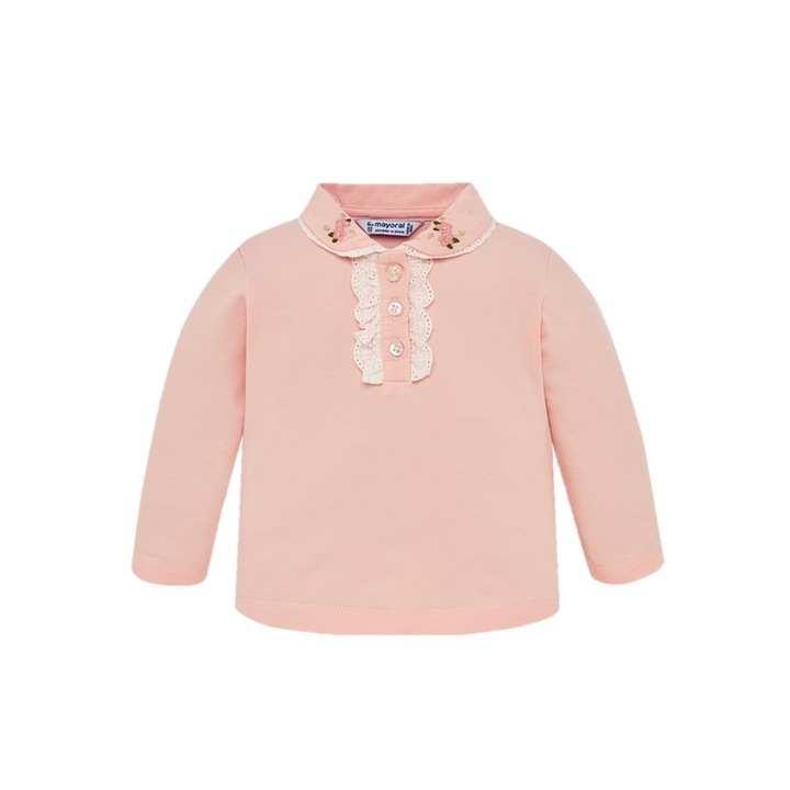 Bluza roz pentru bebe fetita cu floricele brodate pe guler si dantela 92cm