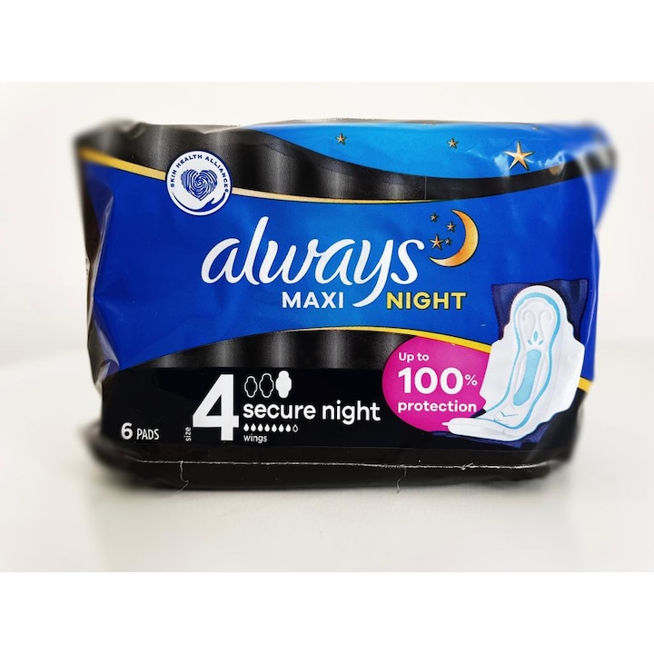 Nedvszívó Mindig maxi éjszakai uszonyok 4-es méretű biztonságos éjszakai, 6db (fekete)