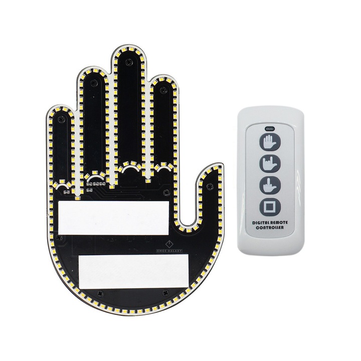 Автомобилен аксесоар Пътен знак с LED и дистанционно управление Emce®, Форма на ръката, 3 режима на поздрав, Готин и среден пръст, За задно виждане с ярък/блестящ визуален ефект, Размер 15 см, Черен