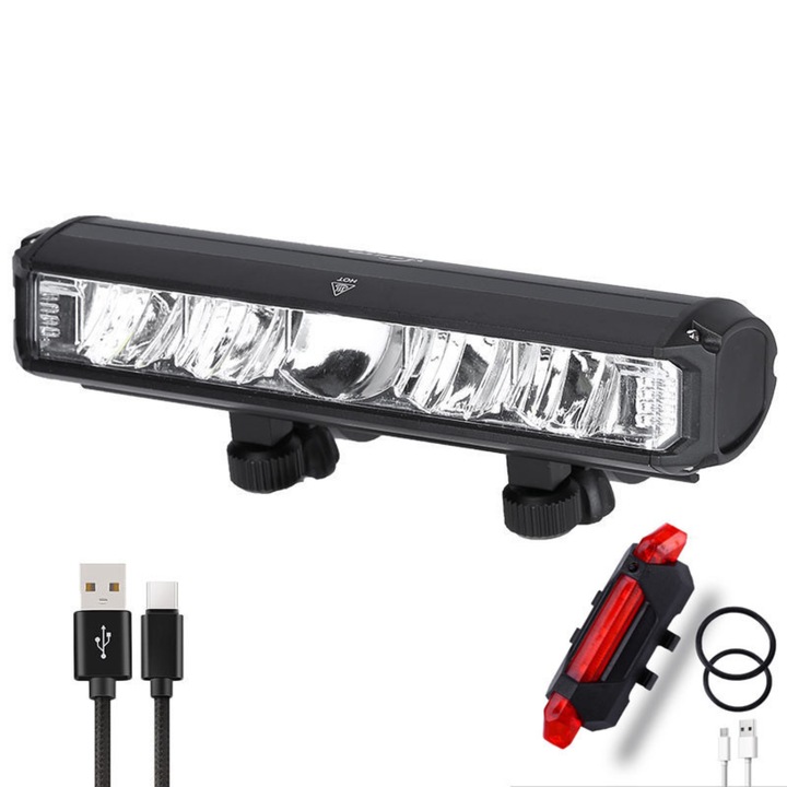 Lumina frontala bicicleta profesionala 2600 lumeni, 5 LED-uri incorporate, impermeabil, functie baterie externa, baterie 8000 mAh, incarcare USB, stop inclus