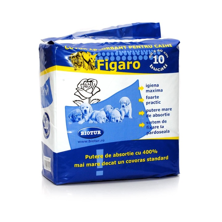 Covor absorbant pentru caini, FIGARO, absortie puternica, 5 straturi, 60x60 cm, sistem de fixare, 10 bucati