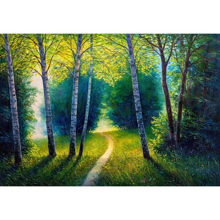 Картина на платно, LuxCanva® A1234, Горска алея, 90 X 130 CM, 100% памучно платно 400g/m2, Дървена рамка, Декоративна, Всекидневна, Природа, Зелено, Дървета, Трева, Дървета, Спалня, Живи цветове