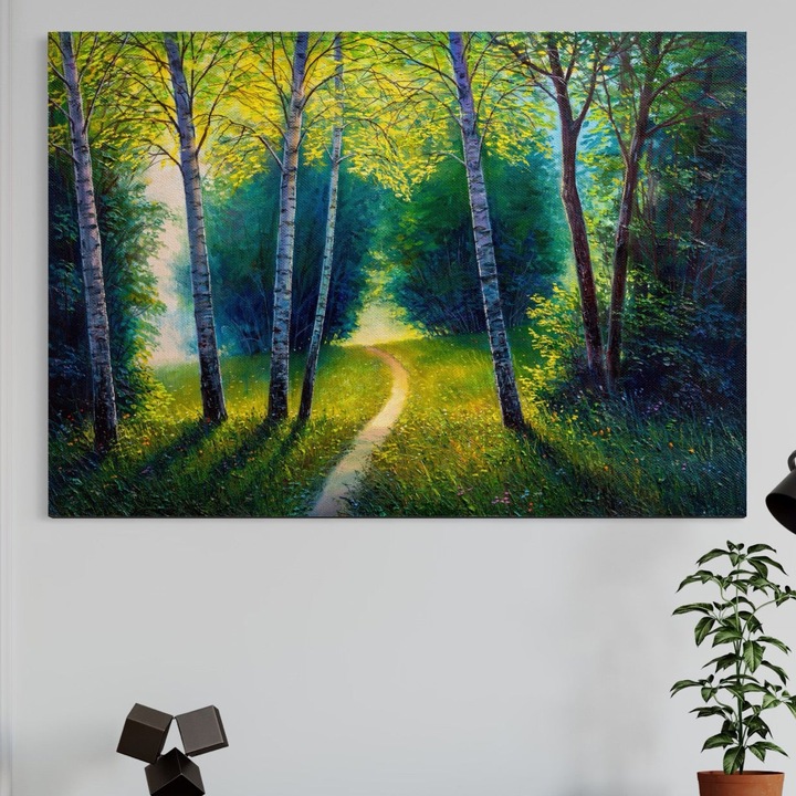 Prémium Vászonkép, LuxCanva® A1234, Erdei fasor, 50 X 70 CM, 100% pamut vászon 400g/m2, fakeret, dekoratív, nappali, természet, zöld, fák, fű, fák, hálószoba, élénk színek