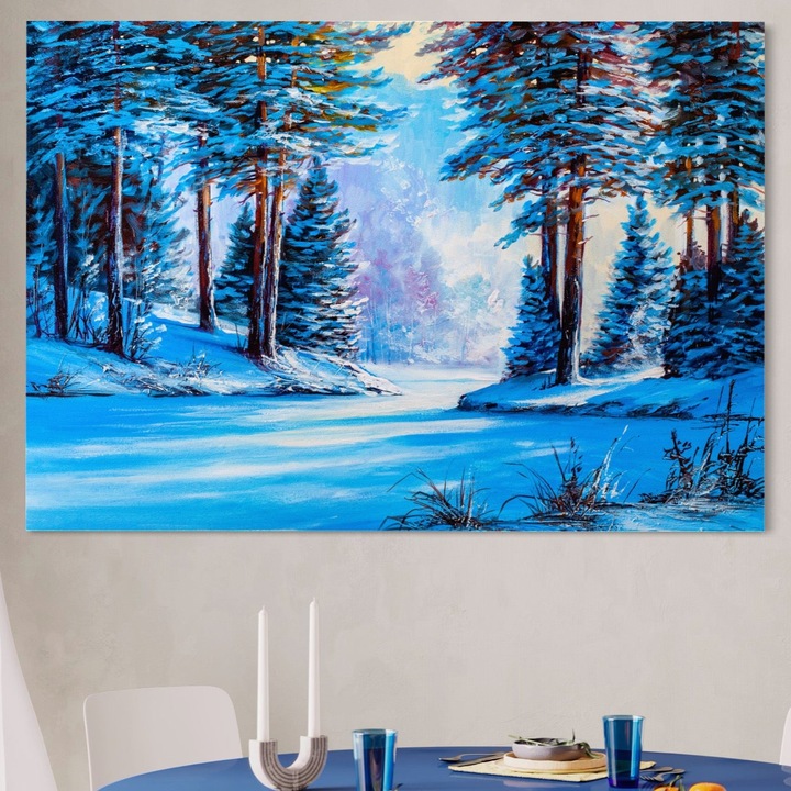 Prémium vászonfestmény, LuxCanva® A1236, Téli táj, 90 X 130 CM, 100% pamut vászon 400g/m2, fakeret, dekoratív, nappali, erdő, hó, természet, hópelyhek, hálószoba, élénk színek