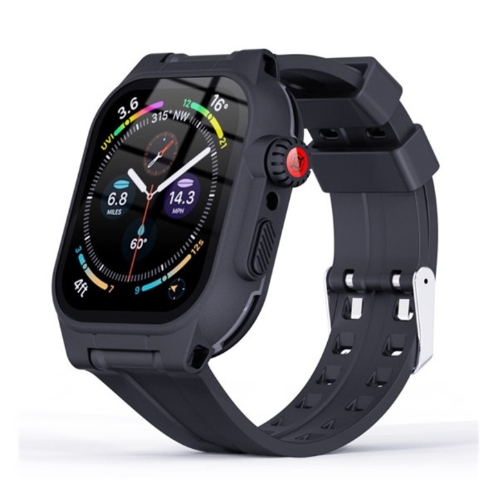 Apple Watch Series 9 45mm / Apple Watch Series 8 45mm / Apple Watch Series 7 45mm Shellbox műanyag keret (szilikon szíj, közepesen ütésálló, IP68 vízálló + kijelzővédő üveg) sötétkék