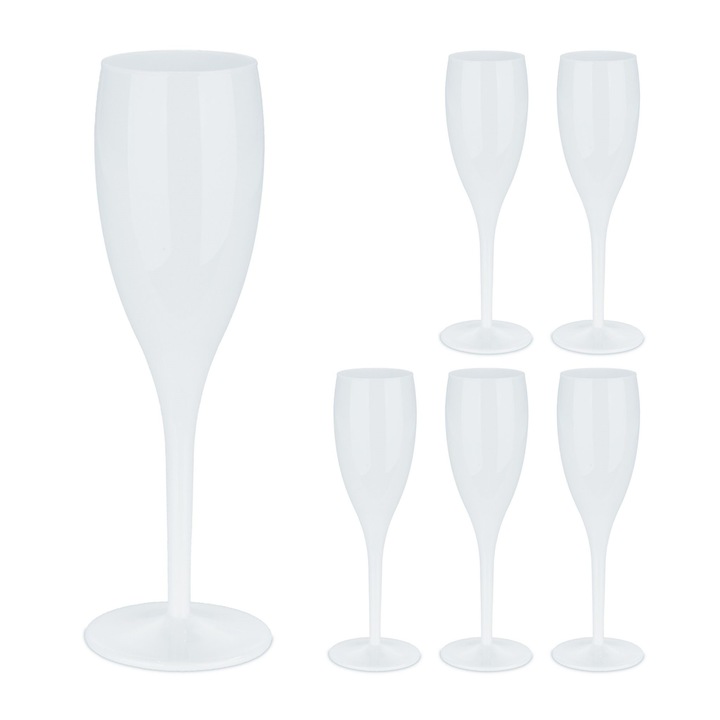 Set de 6 Pahare pentru sampanie din plastic, incasabile, fara BPA, 100 ml, reutilizabile, alb