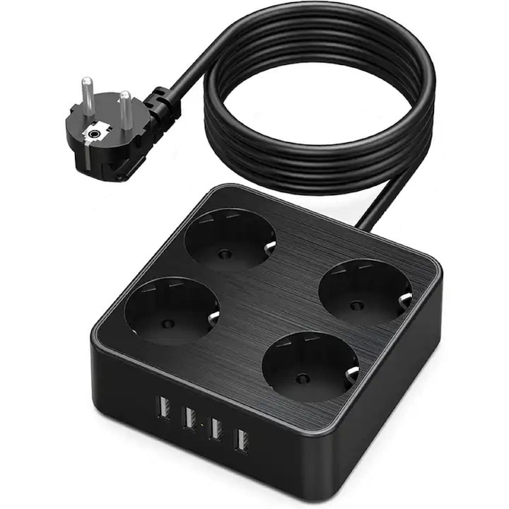 INNOVIO високомощен удължител 4000W/16A, 4 AC контакта, 4 USB порта, Защита от деца, Множество защити, Заземяване, Огнезащитни материали, Кабел от чиста мед, Дължина на кабела 2 m, Цвят Черен