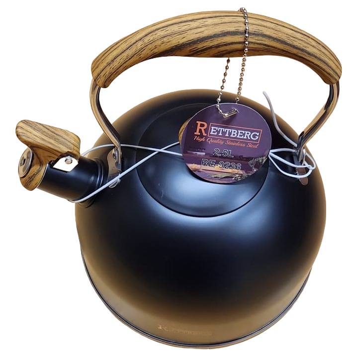 Ceainic negru din otel inoxidabil, cu maner din lemn, 2.5L