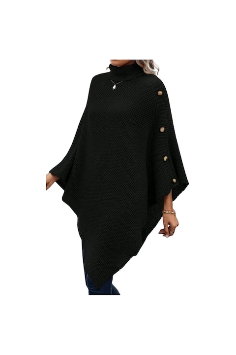 Női kötött pulóver stílusú poncsó, aszimmetrikus gombokkal és gallérral, fekete, Fekete