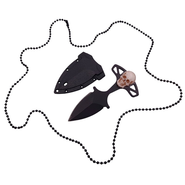 Тактически ловен нож, IdealStore, стомана, черен с череп, 8 см, включена верижка