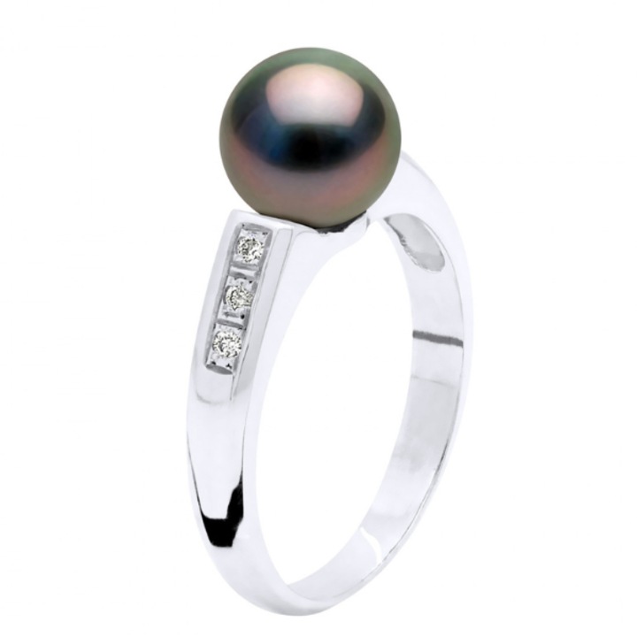 Inel din aur alb cu perle negre de Tahiti si diamante 0,060 ct, calitate A+, 8-9 mm