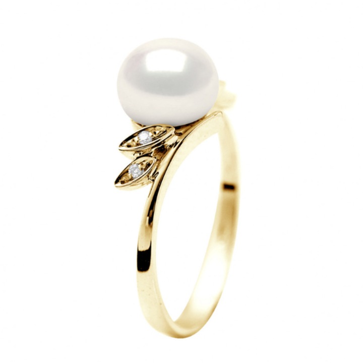 Inel din aur alb, cu perla alba de cultura, calitate AAA+, 7-8 mm, si diamante naturale 0,020 ct,, Auriu