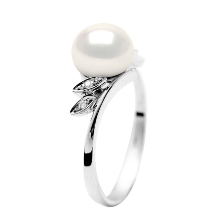 Inel din aur alb, cu perla alba de cultura, calitate AAA+, 7-8 mm, si diamante naturale 0,020 ct,, Alb