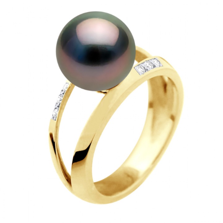 Inel din aur galben cu perle negre de Tahiti si diamante 0,060 ct, calitate A+, 9-10 mm