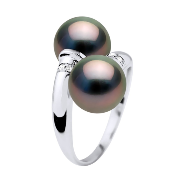 Inel din aur alb cu perle negre de Tahiti si diamante 0,040 ct, calitate A+, 8-9 mm