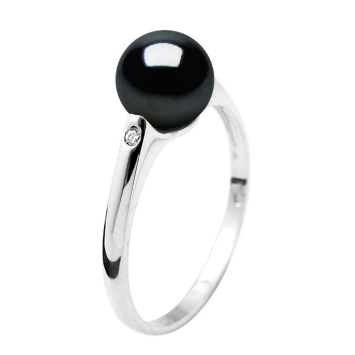 Inel din aur alb, cu perla, Negru