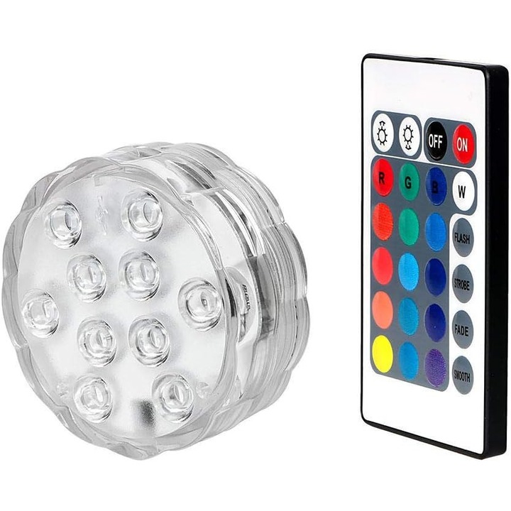 Lampa subacvatica cu 10 LED-uri, telecomanda, 15 culori, transparenta