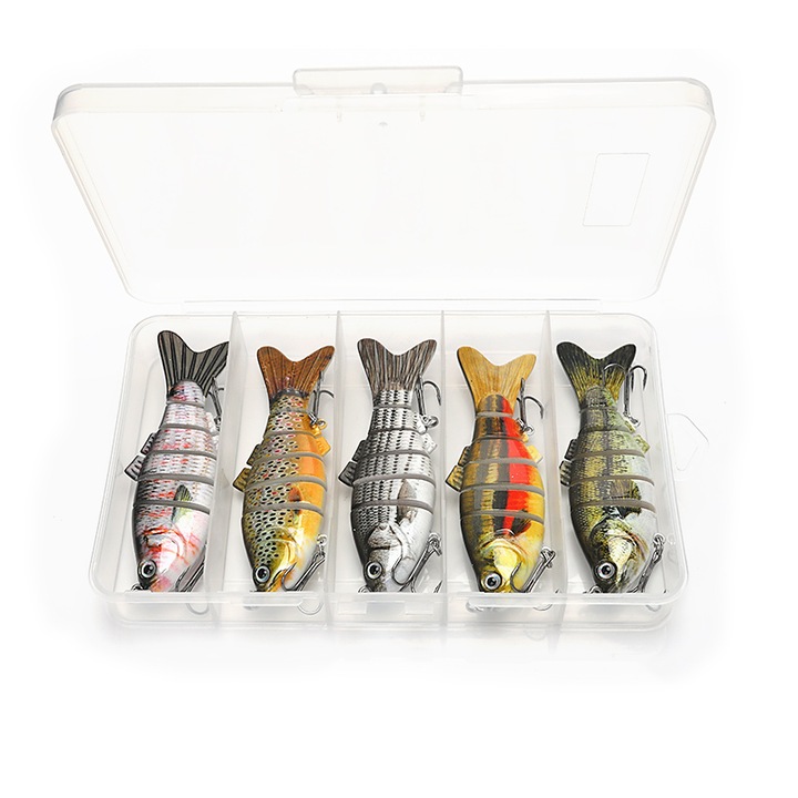 Комплект от 5 примамки за риболов на щука, сом, солена вода, FISHINGBOX MAKE FISHING BETTER, шарнирни воблери, потъващи, кранкбейт, сглобени, многоцветни, модел 5, 10 см, 17,5 гр.