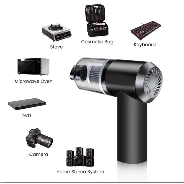 Mini Porszívó 2 X 1, Hordozható, Teljesítmény 120 W, USB - C töltés, Otthoni és autós, Fekete