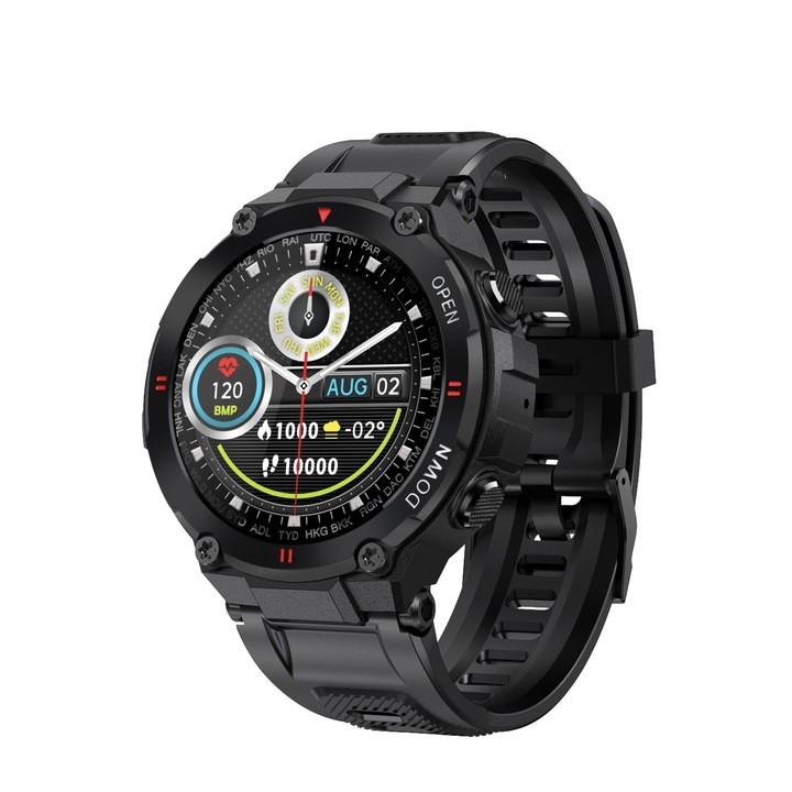 Ceas Smartwatch Fashion K2, Negru, rezistent la apa, pedometru, display 1.28 Inch, ecran full touch