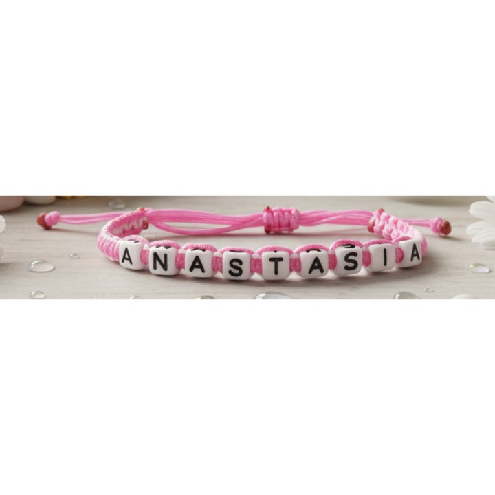 Bratara lucrata manual, Numele Anastasia, Roz, 7 mm