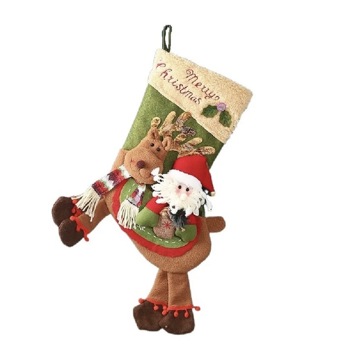 Soseta cadouri de Craciun, model 3D, Mos Craciun, ren, din fetru, 57 cm, Rosu/Verde