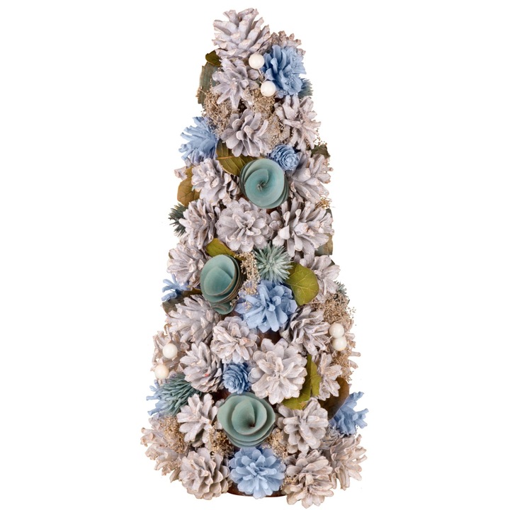 Brad de Craciun MagicHome, impodobit, 40 cm cu paleta de culori albastru din conuri, flori si frunze