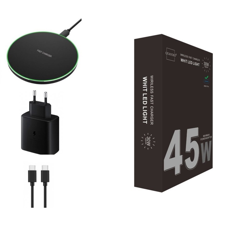 Vékony gyorstöltő vezeték nélküli töltő készlet 30w, adapter pd usb-c 45w, adatkábel 3A CC, QUANDES®, 3 részes