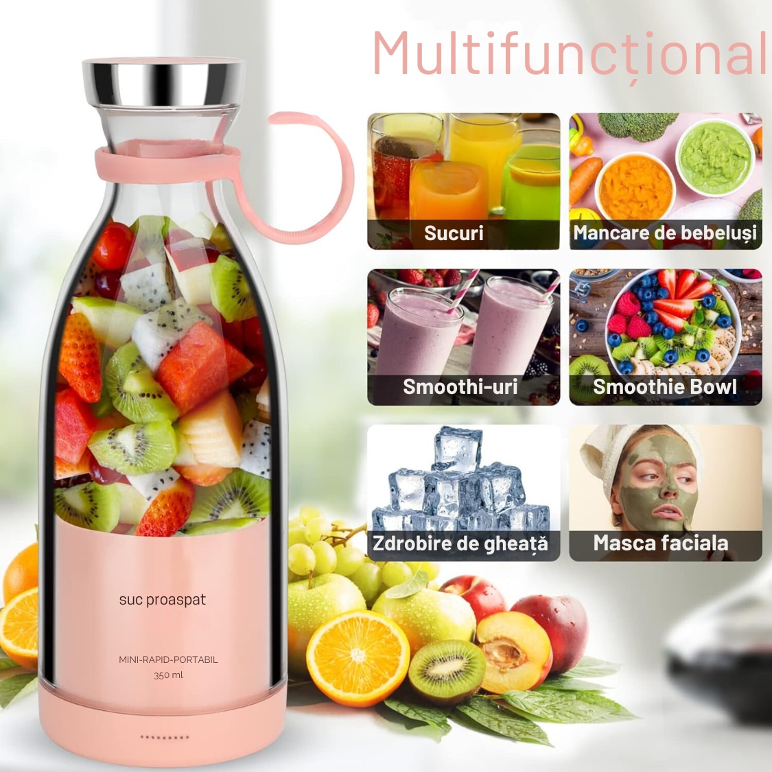 Mini blender portabil pentru sucuri proaspete, smoothieuri, shakeuri