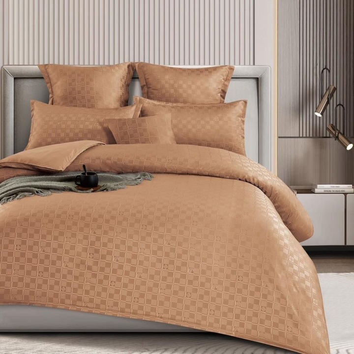 Dupla ágyneműgarnitúra, szatén pamut, 180 x 200 cm, 6 részes, gumival, barna, Casa de Vis, T4-09