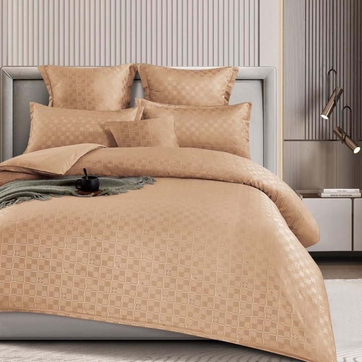 Set lenjerie de pat dublu, bumbac satinat, 180 x 200 cm, 6 piese, cu elastic, maro, Casa de Vis, T4-10