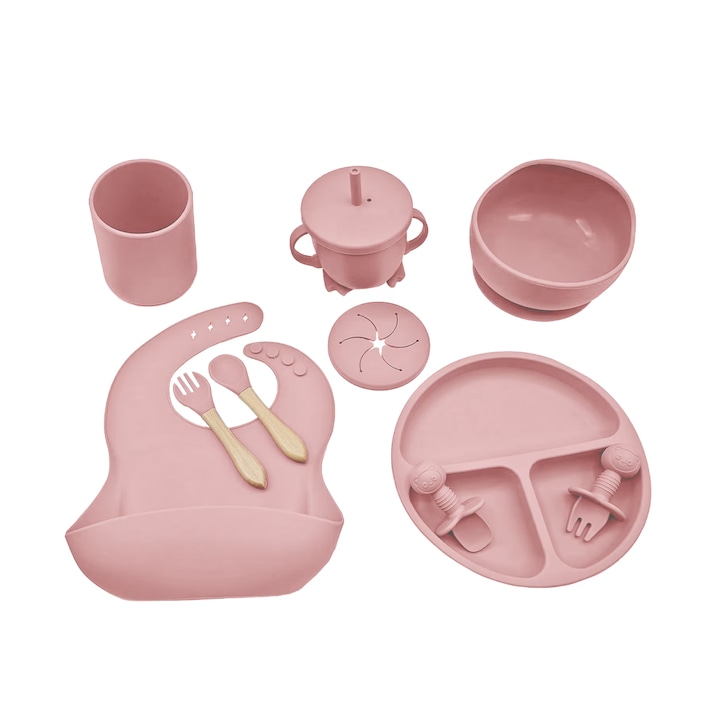 AOVO 10 részes baba etetőkészlet, szilikon, előke, tányér, tapadókorongos tál, kanál és villa, uzsonnás pohár, fakanál és favilla, allergénmentes, jobb csésze, rózsaszín