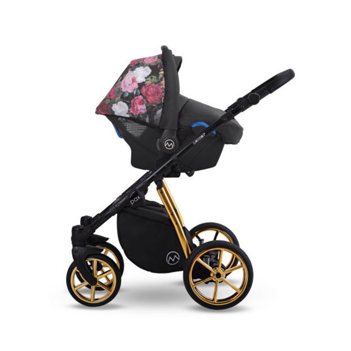 Бебешка количка, Lonex, Алуминий/Текстил, С щампа, UV защита, Черна