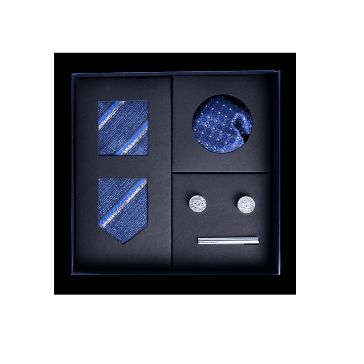 Set elegant cravata cu butoni, batista si ac, Pentru barbati, Albastru