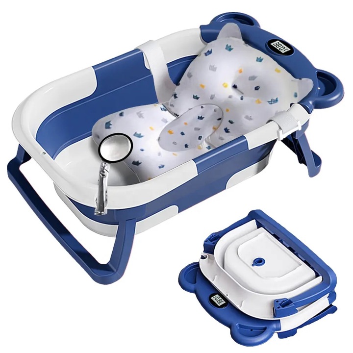 Cadita bebelusi ultrapliabila Little Mom Bear Blue, cu pernuta moale detasabila, termometru incorporat, display digital, suport cap de dus, sistem de agatare, dop pentru evacuarea apei, material non-toxic