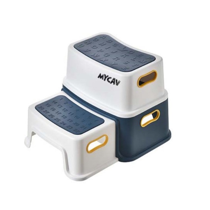 Scaunel inaltator multifunctional pentru copii in doua trepte MYCAV®, suprafata antialunecare cu cifre si litere, antiderapant, Alb/Albastru