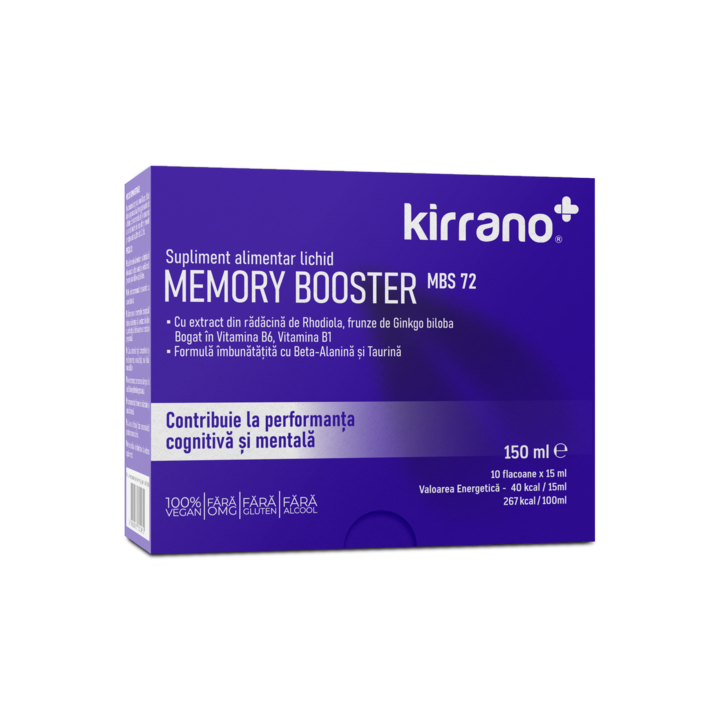 Supliment alimentar lichid, Kirrano, Memory Booster MBS72, 1cutie x 10 flacoane, Creste concentratia si imbunatateste memoria