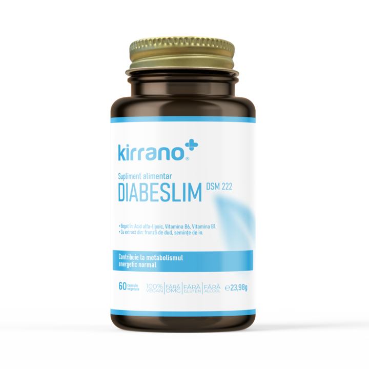 Supliment alimentar, Kirrano, DiabeSlim DSM222, Bogat in Ala, Vitamina B6, Vitamina B1. Cu extract din: frunza de dud extract, seminte de in. Antioxidant + Sprijin pentru metabolismul Glucozei si Lipidic + Producerea de Energie 60 capsule
