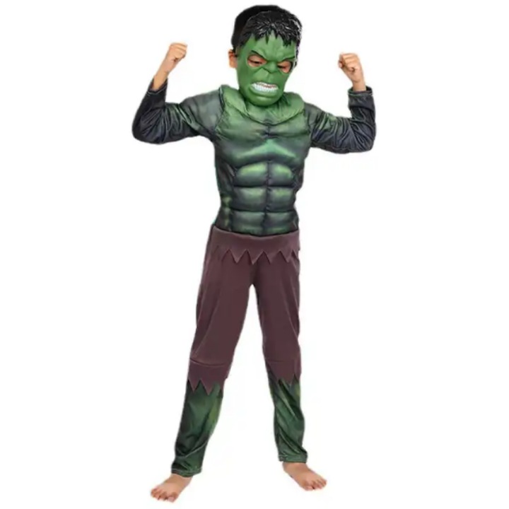 Costum supererou Hulk, Marime M, 6-7 ani, Cu muschi 3D, Verde