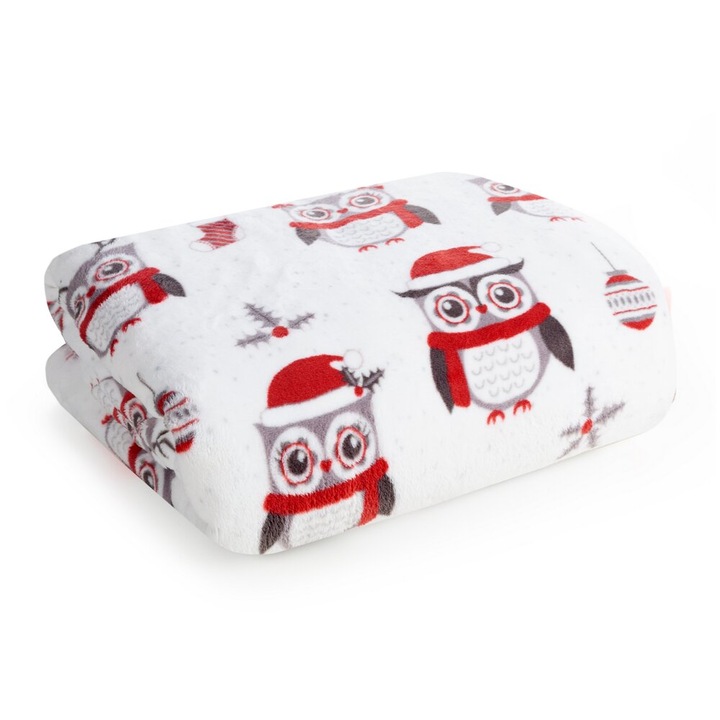 Patura de Craciun 150x200 Eurofirany alb rosu gri Bufnite de Craciun