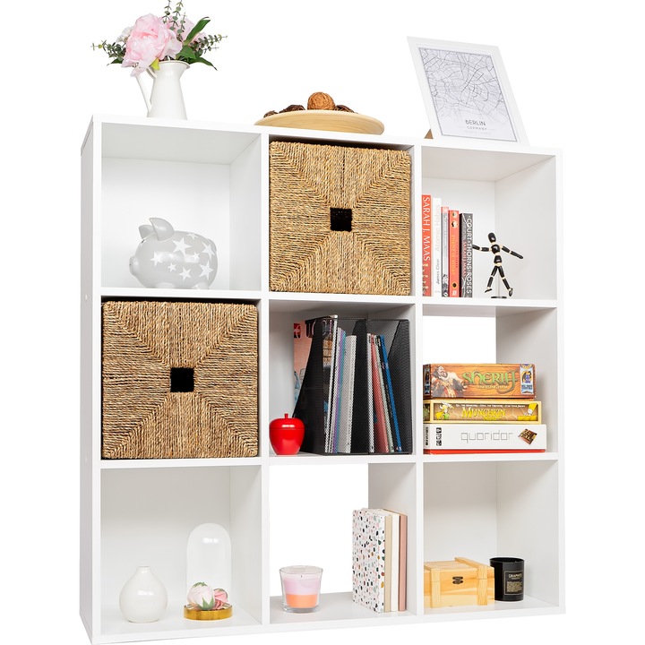 Raft depozitare universal, etajera KreoMob, 9 compartimente, alb, 106x106x30 cm