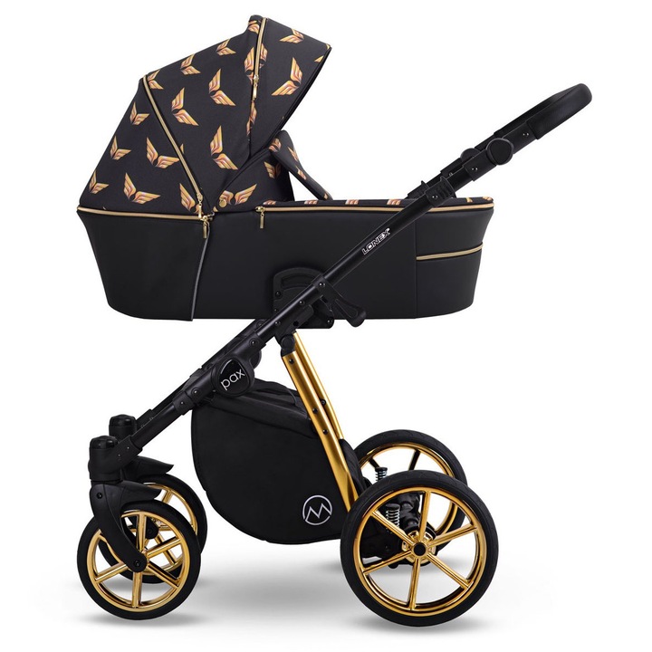 Бебешка количка, Lonex, Алуминий/Текстил, С дъждобран, С щампа, Черна