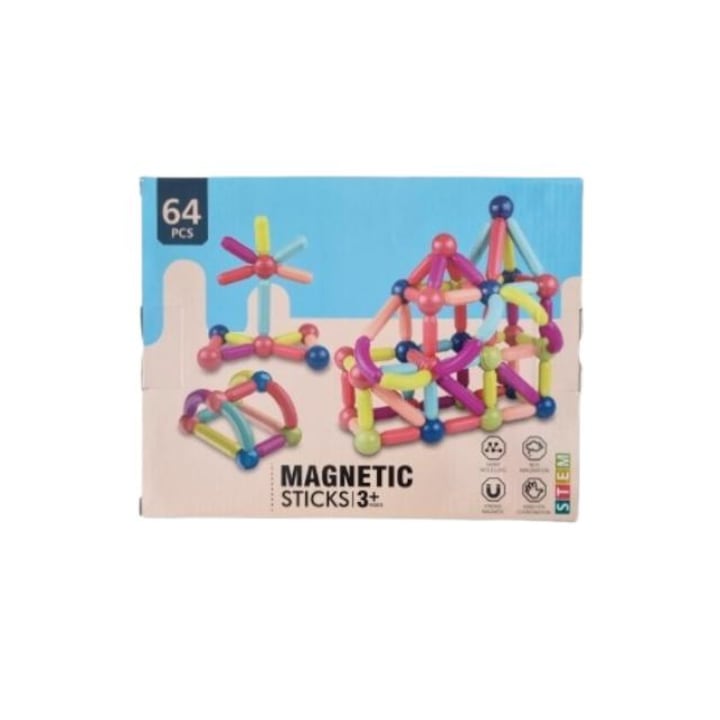 Joc magnetic de construit, 64 piese, Multicolor, +3 ani