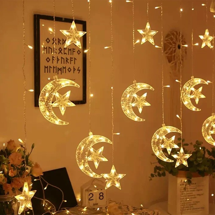 Instalatie de Craciun GREATON, 3 M, Interconectabila, Ghirlanda Model Semiluna si Stele, Lumina Alb Cald