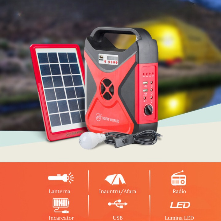 Mini generator portabil LunariSo, Incarcare solara, 8000 mAh, 2xUSB, Bluetooth, Radio, Lanterna cu lumia LED incorporata, Usor de trasportat, Design modern si practic, Rosu