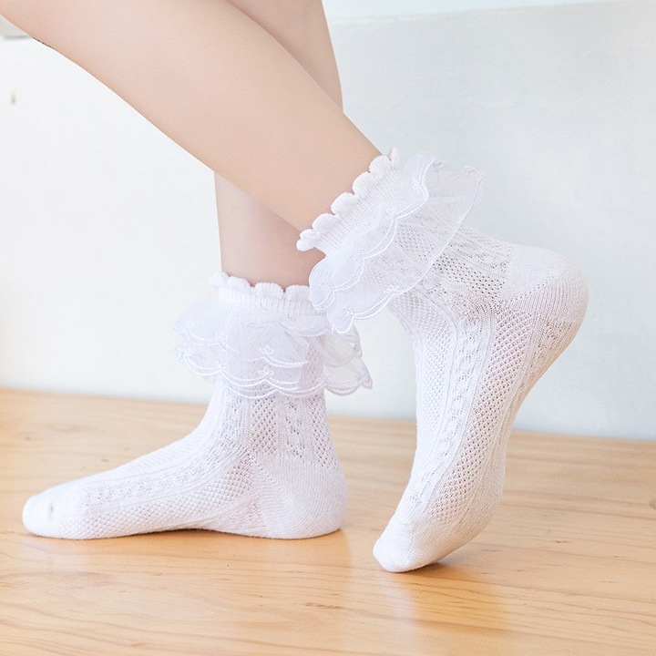 Sosete Cu Volanas Din Tulle, Pentru Fetite, Alb, MIXBO