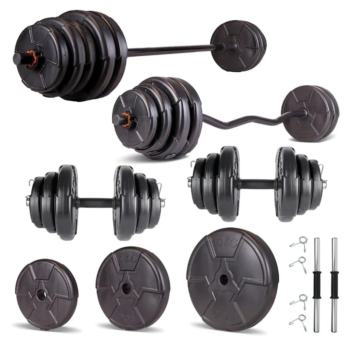 Set haltera si gantere reglabile de 70 KG cu 2 bare de 45 cm lungime, o bara de 150 cm lungime, o bara Z si cleme prindere, Negru