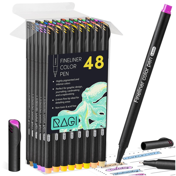Комплект тънкописци RAGI, 48 броя, 0.4 мм, Различни цветове