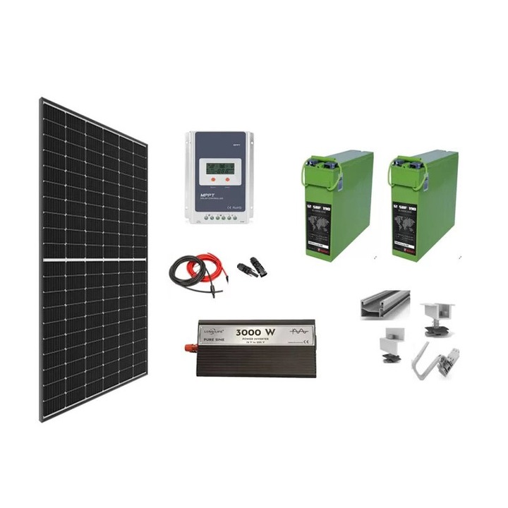 Sistem solar off grid complet 810W pe 24V cu 2 panouri fotovoltaice monocristaline 405W, baterii solare 190Ah si invertor SINUS PUR Long Life 3000W 24V, panou solar, casa, cabana, containere