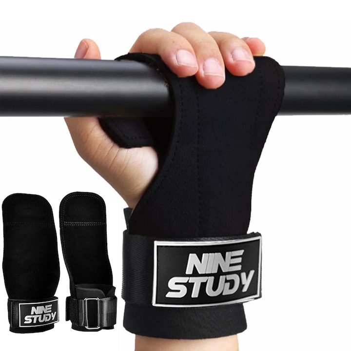 Set 2 Chingi pentru ridicare greutati, Axroad Mall, Antrenamentul muschilor, Ofera protectie pentru incheietura mainii, Anti alunecare, Ajustabile, Bar si masini exercitii mari, Piele de vitel, Marime universala, Negru